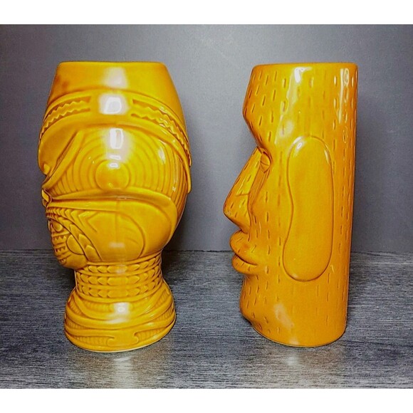 Tiki Mug Tumbler Bar Light Brown Ceramic (2 Mugs) 12 oz Polynesian 3D Face 6.75" - Picture 2 of 6